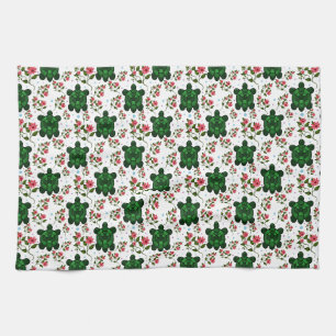 Cute Turtle and Floral Seamless Pattern Tea Towel