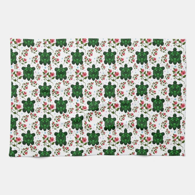 Cute Turtle and Floral Seamless Pattern  Tea Towel (Horizontal)