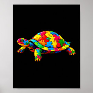 Cute Turtle And Puzzle Pieces Autism Awareness Day Poster