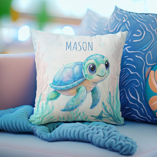 Cute turtle aqua blue personalised name baby gifts cushion