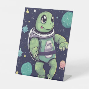 Cute Turtle Astronaut Space Party Display Stand Pedestal Sign