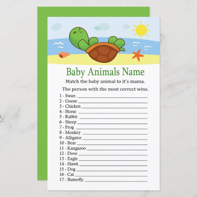 Cute Turtle Baby Animals Name Game (Front/Back)