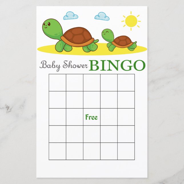 Cute turtle baby shower bingo card (Front)