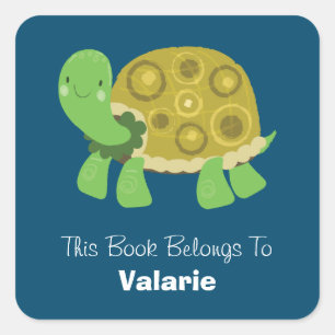 Cute Turtle Bookplate Custom Name Square Sticker