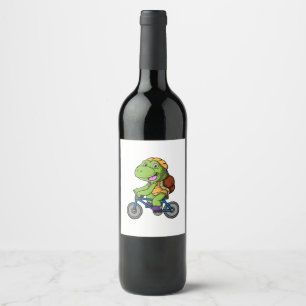 cute turtle cartoon riding bicycle wine label
