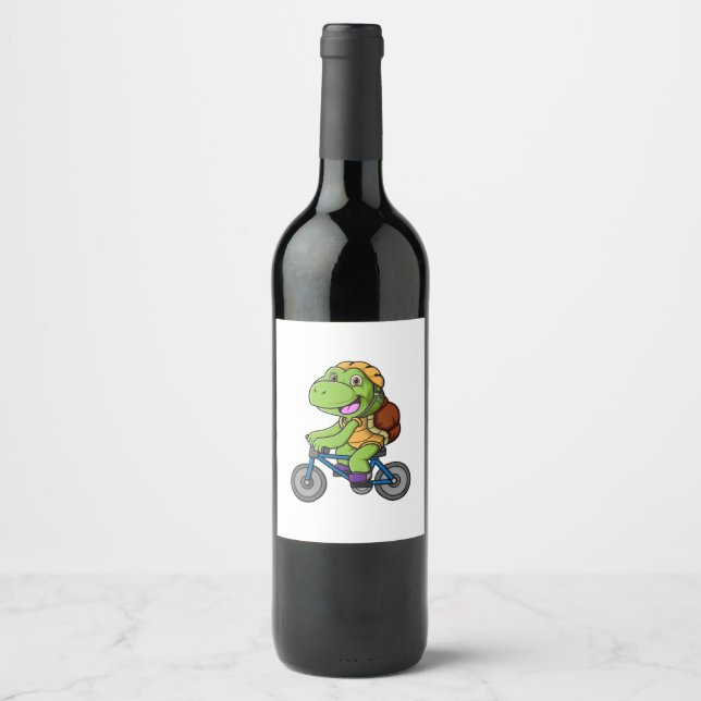 cute turtle cartoon riding bicycle wine label (Front)