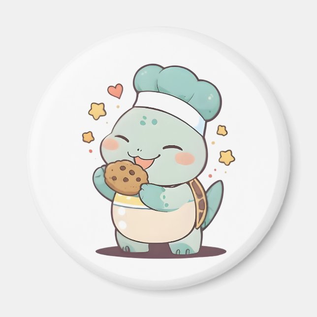 Cute Turtle Chef Eating Cookie Kawaii Design Magnet (Front)