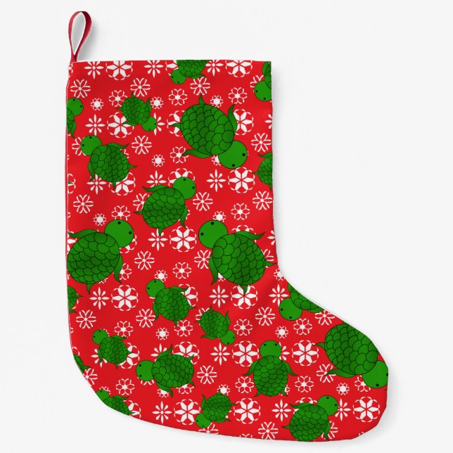 Cute turtle christmas red white snowflakes small christmas stocking (Front)