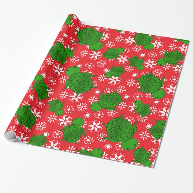 Cute turtle christmas red white snowflakes wrapping paper (Unrolled)