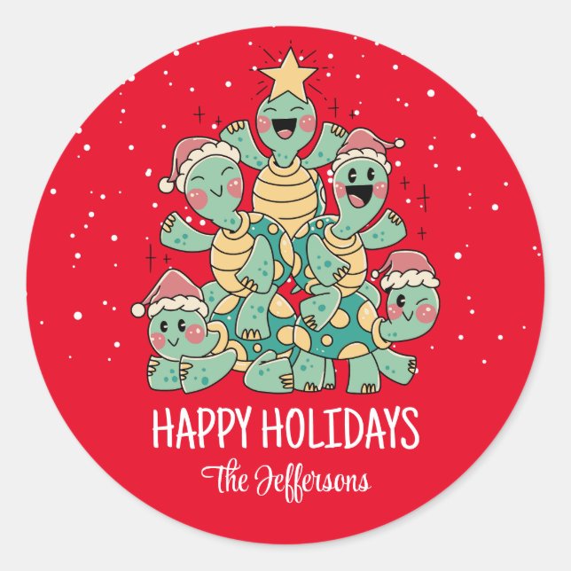 Cute Turtle Christmas Tree Snowy Winter Holiday Classic Round Sticker (Front)