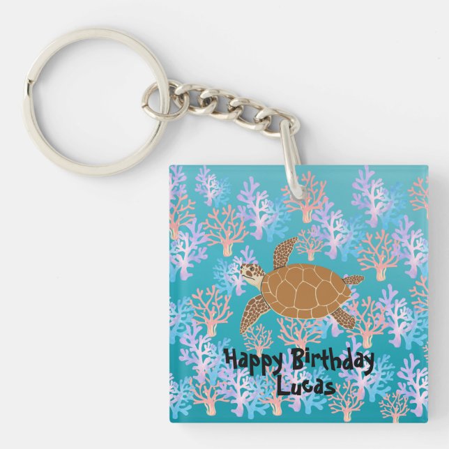 Cute turtle colourful coral fish sea Birthday kids Key Ring (Front)
