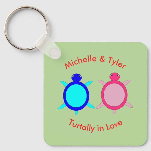 Cute Turtle Couple Custom Save the Date Wedding Key Ring (Front)