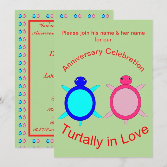 Cute Turtle Couple Personalised Anniversary Invitation (Front/Back)