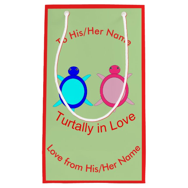 Cute Turtle Couple Personalised Small Gift Bag (Front)
