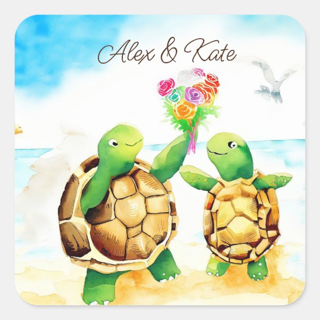 Cute Turtle Couple | Romantic Wedding  Square Sticker (Front)