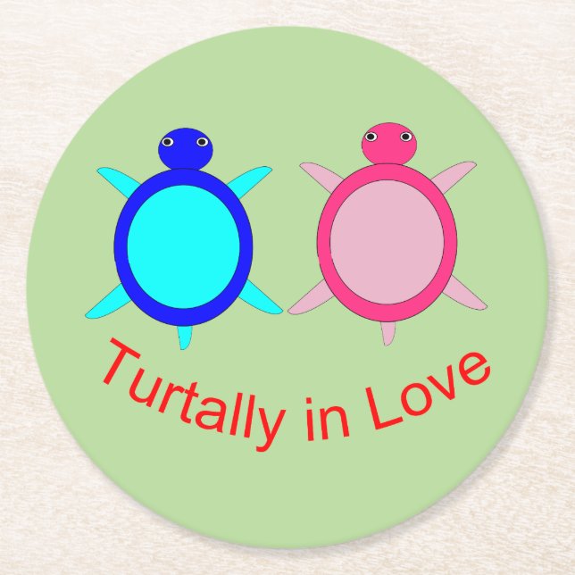 Cute Turtle Couple Round Paper Coaster (Front)