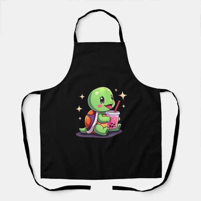 Cute turtle drinking boba. Funny Boba Turtles Love Apron (Front)
