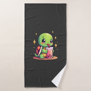 Cute turtle drinking boba. Funny Boba Turtles Love Bath Towel