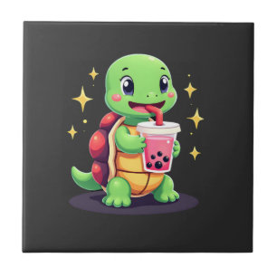 Cute turtle drinking boba. Funny Boba Turtles Love Ceramic Tile