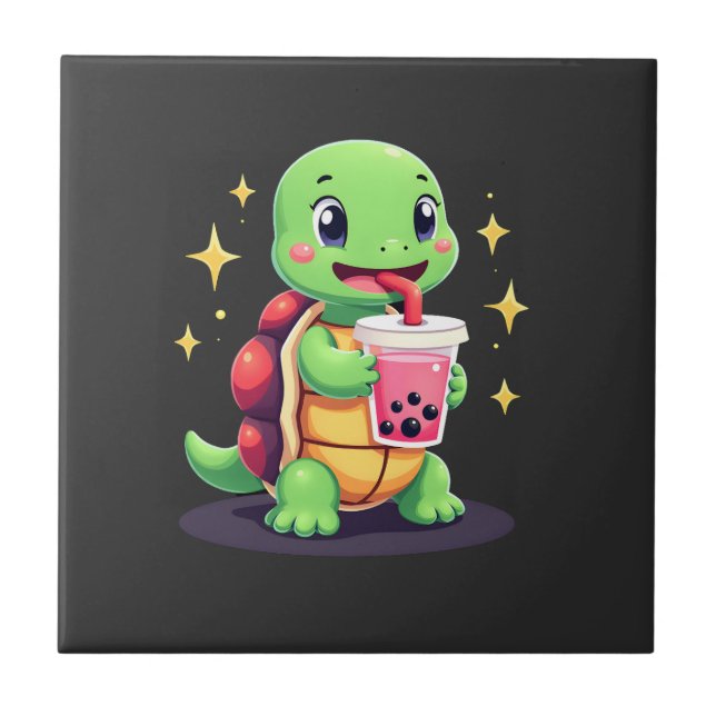 Cute turtle drinking boba. Funny Boba Turtles Love Ceramic Tile (Front)
