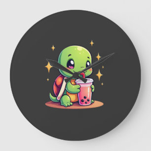 Cute turtle drinking boba. Funny Boba Turtles Love Large Clock