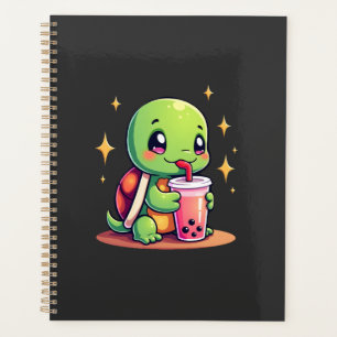Cute turtle drinking boba. Funny Boba Turtles Love Planner