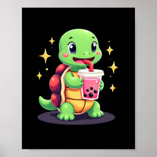 Cute turtle drinking boba. Funny Boba Turtles Love Poster