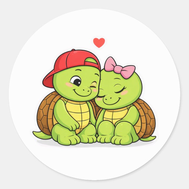 Cute turtle duo in love classic round sticker (Front)