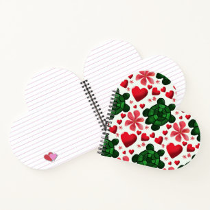 Cute Turtle Floral Pattern   Red Flowers Hearts  Notebook