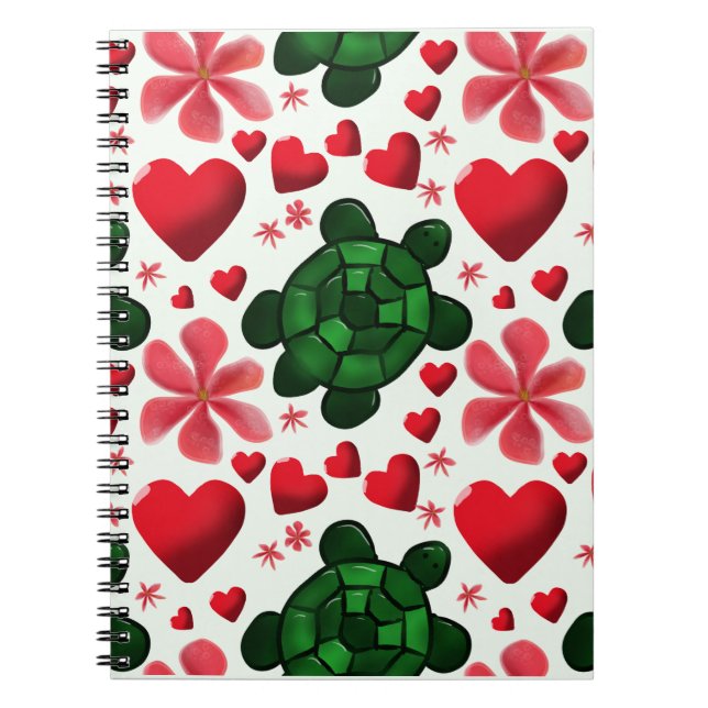 Cute Turtle Floral Pattern | Red Flowers Hearts  Notebook (Front)