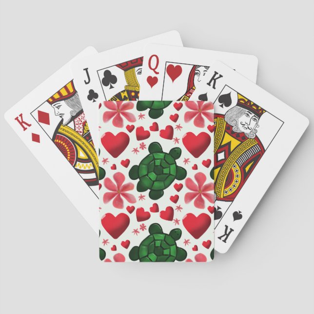Cute Turtle Floral Pattern | Red Flowers Hearts  Playing Cards (Back)