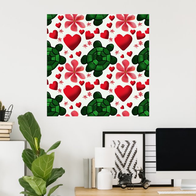 Cute Turtle Floral Pattern | Red Flowers Hearts  Poster (Home Office)