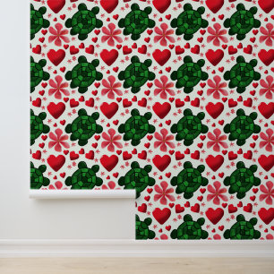 Cute Turtle Floral Pattern Red Flowers Hearts Wallpaper