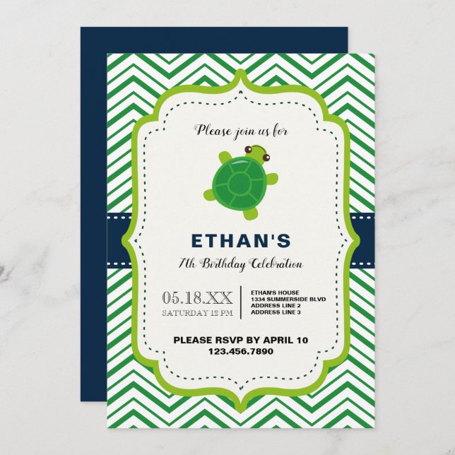 CUTE turtle green blue kawaii kids boys birthday Invitation (Front/Back)