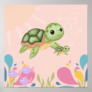 Cute turtle in pink ocean scene, poster
