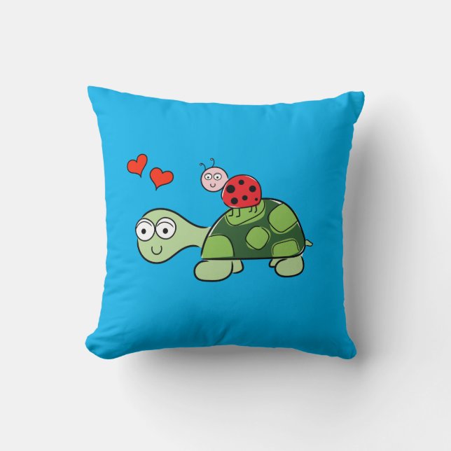 Cute Turtle, Ladybug, and Hearts Blue Throw Pillow (Front)