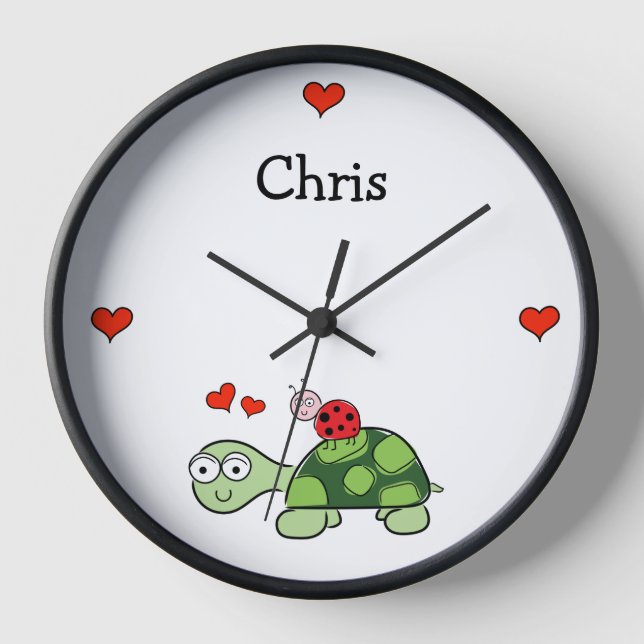 Cute Turtle Ladybug and Hearts Wall Clock (Front)