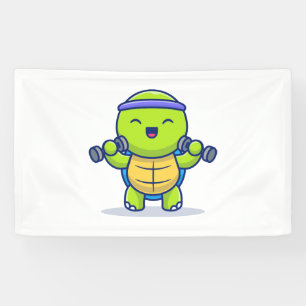 Cute Turtle Lifting Dumbbells Cartoon Illustration Banner