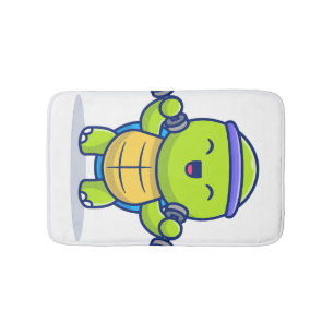 Cute Turtle Lifting Dumbbells Cartoon Illustration Bath Mat