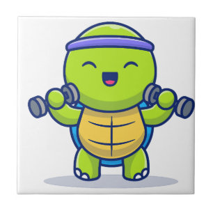 Cute Turtle Lifting Dumbbells Cartoon Illustration Ceramic Tile