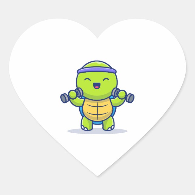 Cute Turtle Lifting Dumbbells Cartoon Illustration Heart Sticker (Front)
