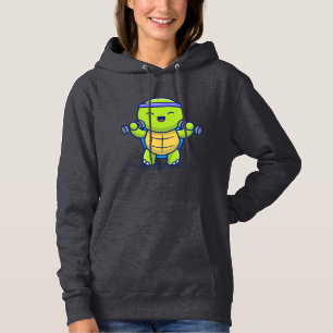 Cute Turtle Lifting Dumbbells Cartoon Illustration Hoodie