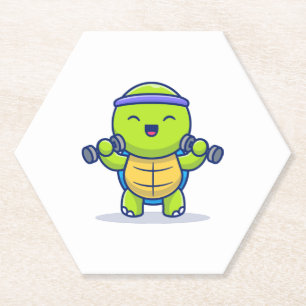 Cute Turtle Lifting Dumbbells Cartoon Illustration Paper Coaster