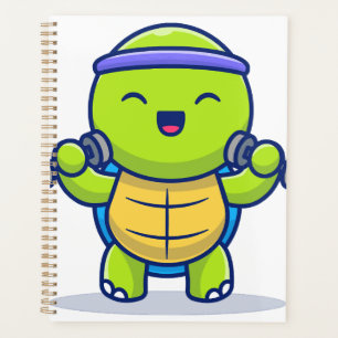 Cute Turtle Lifting Dumbbells Cartoon Illustration Planner
