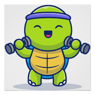 Cute Turtle Lifting Dumbbells Cartoon Illustration Poster