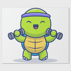 Cute Turtle Lifting Dumbbells Cartoon Illustration Wrapping Paper