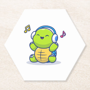 Cute Turtle Listening Music With Headphone Paper Coaster