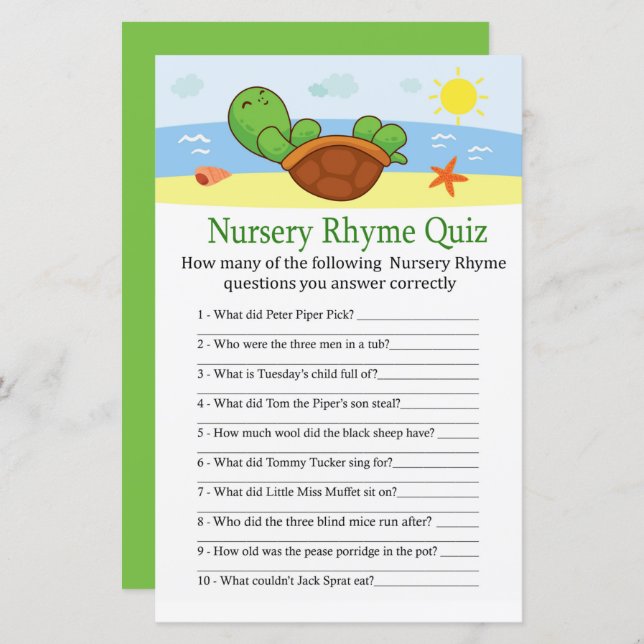 Cute Turtle Nursery Rhyme Quiz baby shower game (Front/Back)
