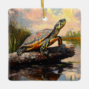 Cute Turtle on a Log Everglades Painting Ceramic Ornament