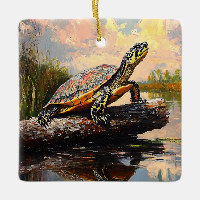 Cute Turtle on a Log Everglades Painting Ceramic Ornament (Front)